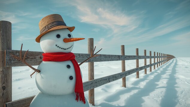 Standing snowman wearing straw fedora hat and red knit scarf beside wooden fence, copy space
