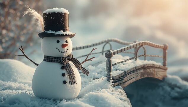 Standing handcrafted snowman wearing black top hat with feather and twig arms at park, with bridge