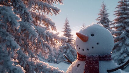Standing snowman wearing red scarf, carrot nose, twig arms in snowy woods at dawn, copy space