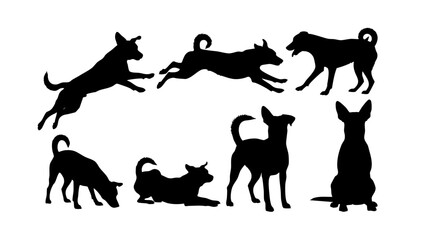 Dog silhouettes in various poses running, standing, and resting, perfect for design needs
