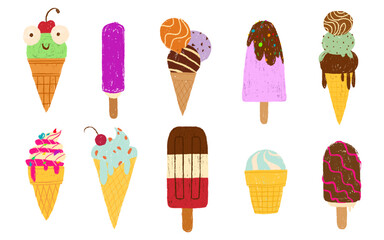 Crayon ice cream set isolated on white background. Vector cartoon illustration of hand drawn gelato desserts, frozen fruit snack, chocolate popsicle, cold and sweet summer food, cafe menu design