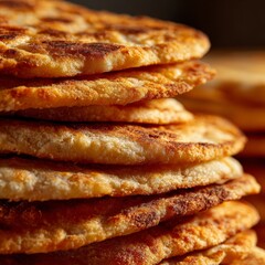 Freshly cooked, golden-brown flatbreads stacked on a wooden table in a cozy kitchen during late afternoon