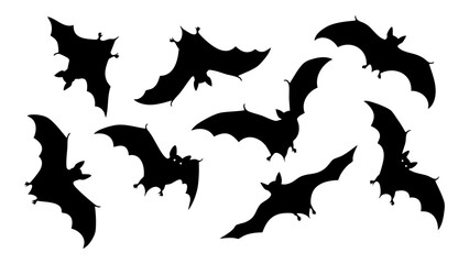 Collection of black bat silhouettes flying in different poses for Halloween design elements. Vector illustration set 410