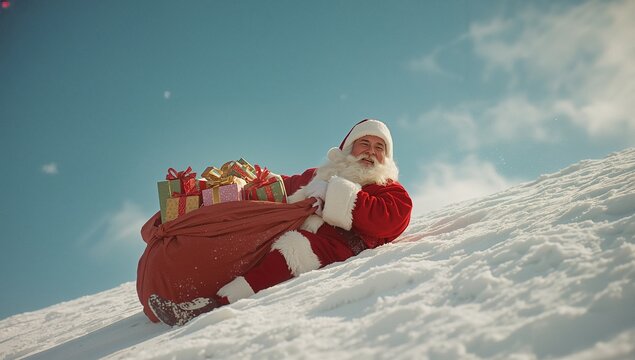 Sitting and leaning Santa Claus figure on snowy hillside, holding large red sack overflowing gifts