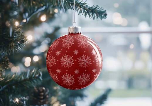 Red Ornament Mockup With Snowflakes PSD