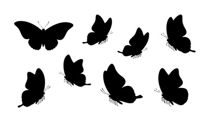 Elegant Collection of Flying Butterfly Silhouettes in Dynamic Flight Poses, Perfect for Nature-Inspired Designs and Springtime Projects, Vector Illustration Elements