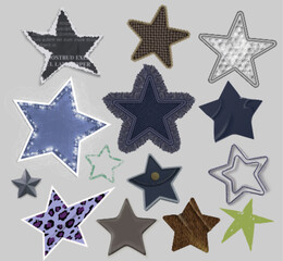 Obraz premium Modern star collage set with textured patterns and denim fabric frames for digital scrapbooking or decoration elements. Burst shapes with leopard print and glitter details for craft project or sticker