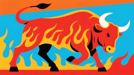 Bull With Blazing Flames Illustrator Artwork Banner Background Design Template 