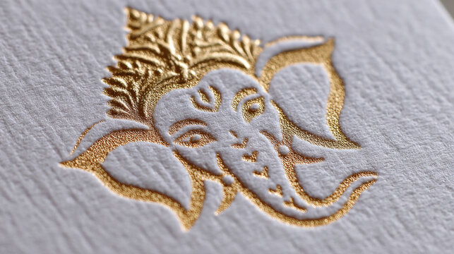 Symbolic image of Ganesha head with golden glitter on textured paper. Indian culture, spirituality, religion, decorative art, traditional design.