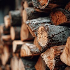 Stacked firewood logs arranged neatly for winter use in a warm and rustic setting