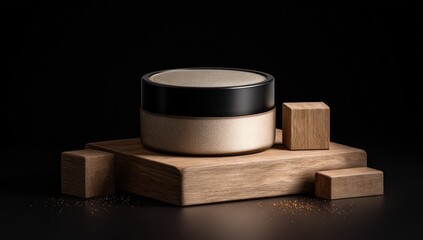 Cosmetic jar on wooden blocks. Minimalist dark beauty product display
