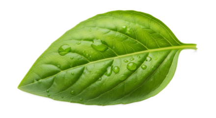 A single fresh basil leaf with water droplets on a black background in close up studio shot on transparent background