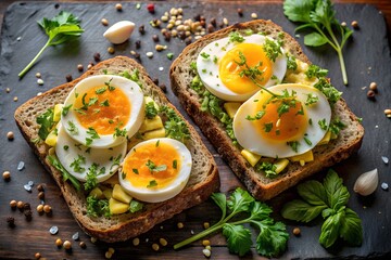 Two slices of whole wheat toast with avocado and boiled egg, garnished with parsley and spices