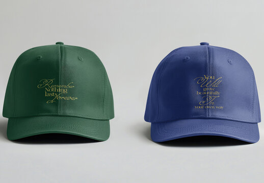 Stylish Embroidered Caps Mockup With Quotes PSD