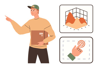 Man holding a box while pointing at two icons a 3D data graph and a touch interaction interface. Ideal for technology, data analysis, teamwork, education, workflow, innovation, simple flat metaphor