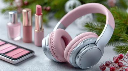 Christmas flat lay of laptop, cosmetics, and headset on table during virtual beauty consultation, festive home workspace, personal care and beauty concept, online shopping, copy space