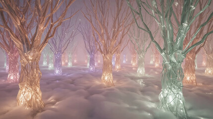 Bosque cristalino con árboles de fibra óptica