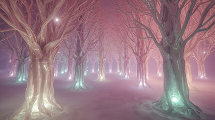 Bosque cristalino con árboles de fibra óptica