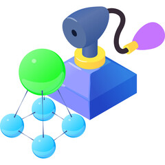 Isometric blue laboratory equipment with purple bulb connected to green sphere and light blue spheres forming a molecular structure on a transparent background