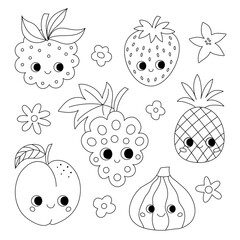 A set of fun kawaii fruits. Outline drawing