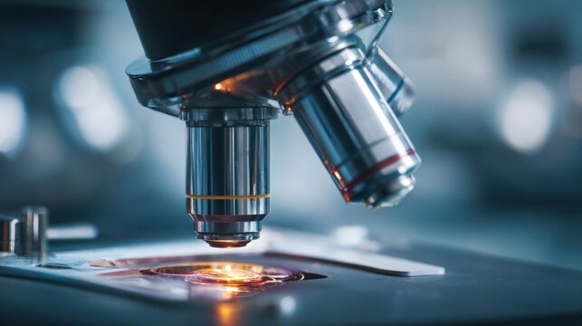 Close-Up of Scientific Microscope Focused on Slide in Laboratory