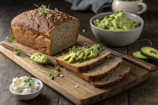 Healthy avocado toast on whole grain bread, served with cottage cheese and microgreens, a nutritious meal