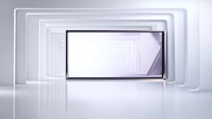 Abstract white tunnel with glowing rectangles and a framed screen displaying a geometric pattern.