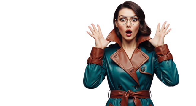 Surprised woman with glasses raising hands in a colorful trench coat - Powered by Adobe