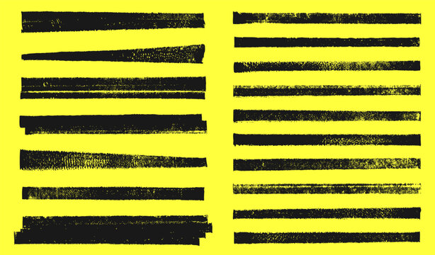 Grunge linocut vector stripes streaks, relief printing thin rectangle shapes rough textured set. Artistic dividers borders backgrounds text box collection. Paint roller stains, lino ink grungy remains