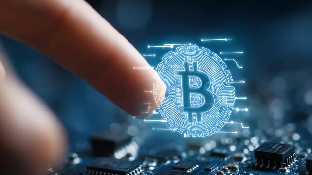 Close up of a finger interacting with a glowing Bitcoin icon above a computer motherboard, symbolizing digital assets and decentralized finance. Modern illustration of blockchain and fintech evolution