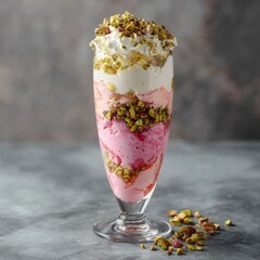 Delicious layered ice cream sundae with whipped cream and crushed pistachios on top served in a tall glass