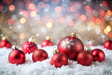 Festive red christmas ornaments scattered on a snowy surface with a bokeh background of lights