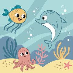 Obraz premium Cute dolphin octopus fish friends underwater scene with corals and bubbles