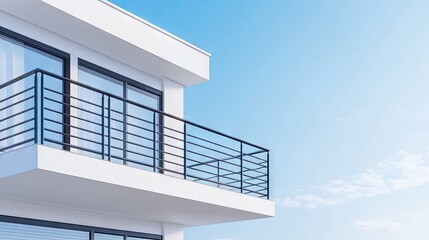 Obraz premium A close-up view of a modern white house balcony featuring sleek black metal railings against a clear blue sky backdrop