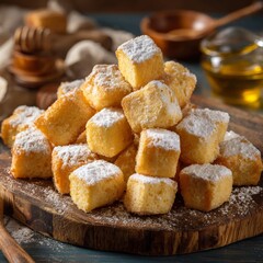 Delightful stack of sweet, powdered mini cakes adorned with a golden drizzle and warm wooden utensils on a rustic kitchen table