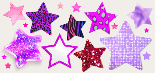 Star collage elements with glitter, leopard print and zebra stripes, polka dots and disco grid patterns for party decorations or scrapbooking. Colorful shapes with sparkles on white background.