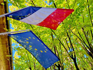 French flag and the European flag at a town hall in France
