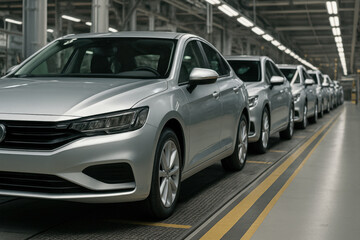 New silver cars aligned on a modern automotive assembly line. Concept of production, industry, manufacturing process, innovation, and transportation technology.