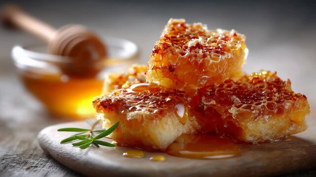 close up honey comb cute in cube stack up on dish