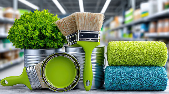 painting tools display with eco-friendly brushes and rollers in hardware supermarket, copy space,