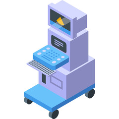 Medical Ultrasound Machine Icon with Keyboard and Screen Displaying Sonogram Image in Isometric View on Transparent Background