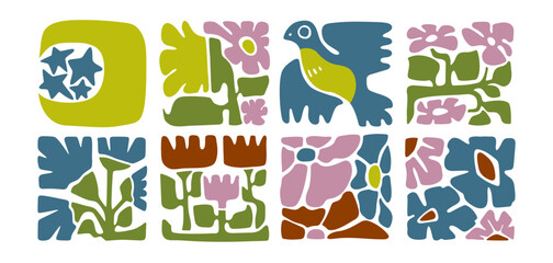 Organic boho square tiles with abstract floral shapes. Hand drawn cutout style botanical decorative elements set with flowers and leaves, bird and moon with stars for textile prints or wallpaper.