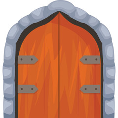 Medieval Wooden Castle Gate with Stone Archway and Rustic Metal Hinges Isolated on Transparent Background Detailed Illustration