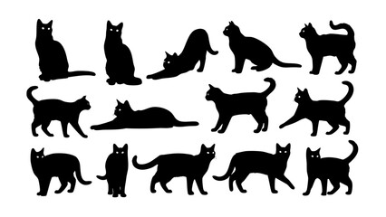 Collection of diverse black cat silhouettes in various playful and elegant poses, perfect for pet-themed designs and graphic projects