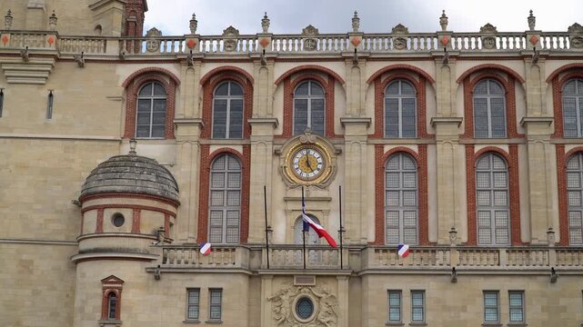 A decorated facade of the Saint Germain castle, a former royal palace nestled in western suburbs of Paris, France