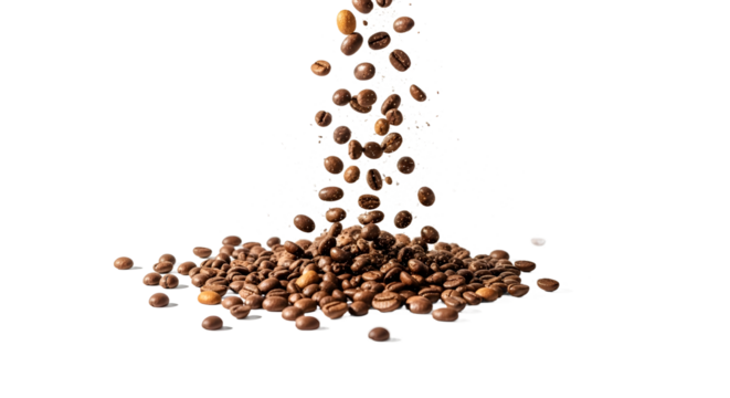 Levitating Coffee Beans Falling, Food Photography, Studio, White Background, Energy, Transparent Concept