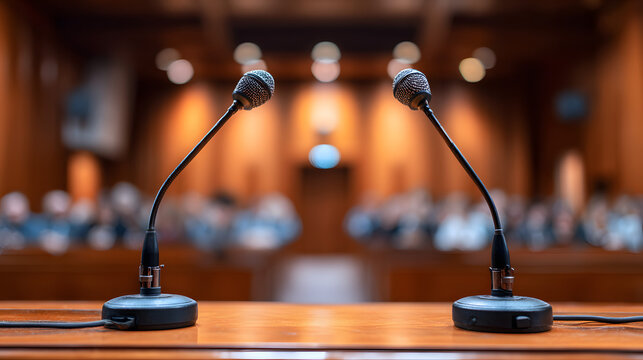 Illustration of a microphone in a courtroom with the audience in a blurred background. Illustration of a political background.