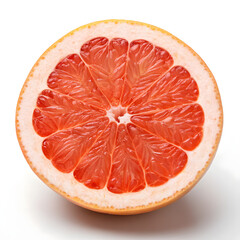Pink grapefruit cut in half revealing its juicy segments and white pith on a white background