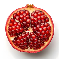 Pomegranate cut in half revealing juicy red arils and white pith on a white background