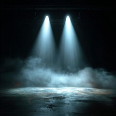 Bright stage lights illuminating a foggy performance space ready for a show in the evening